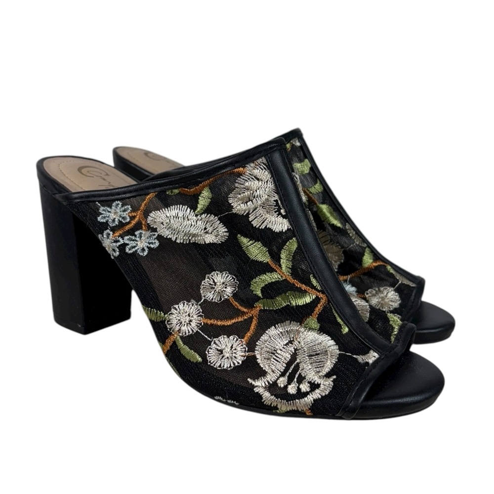 Cato Women's Black Mesh Embroidered Floral Slip On Block Heel Sandals 7M 7